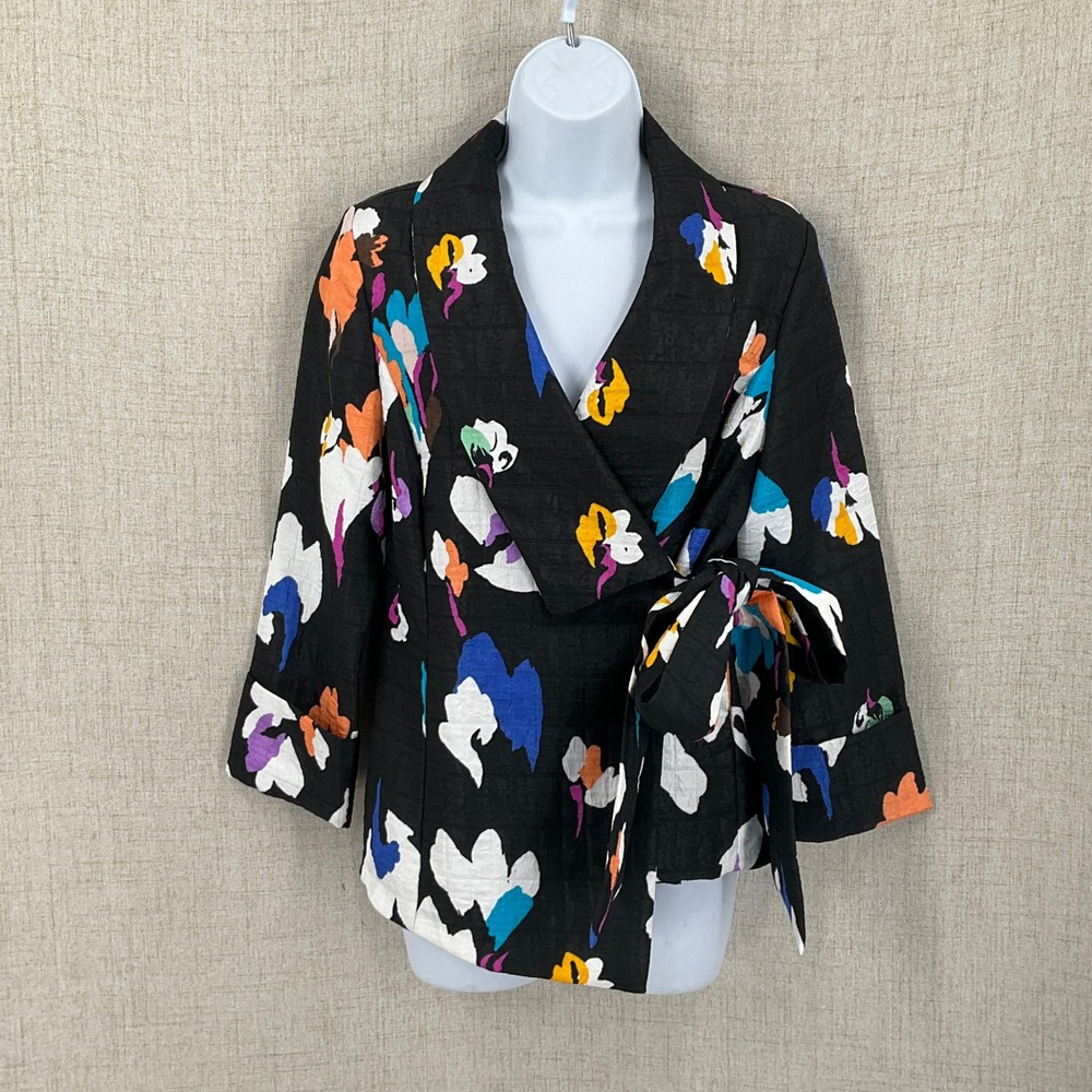 IC by Connie K Wrap Blazer Women XS Black Floral Tie Waist Textured Artistic